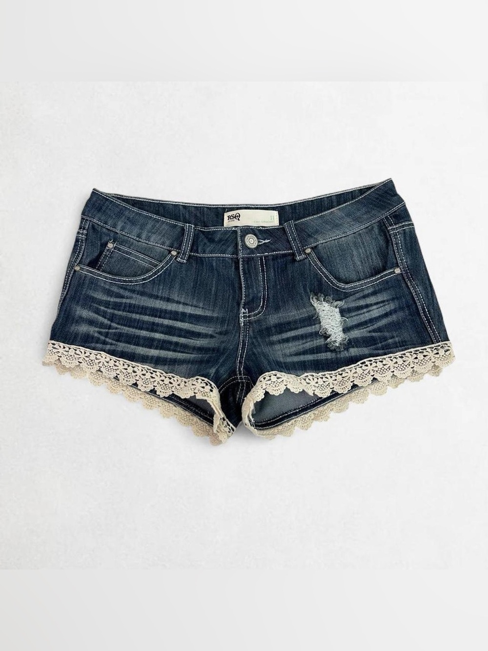 Vintage Y2K 2010s Low Rise Lace Trim Denim Shorts Size 11 Boho Festival